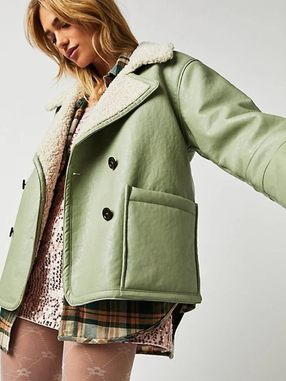 Free People Kaja Vegan Leather Bonded Peacoat Sage Green Shearling Small